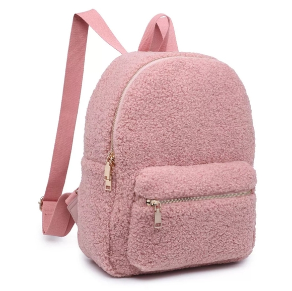 URBAN EXPRESSIONS Herdwick Pink Blush Faux Shearling Backpack - Picture 3 of 11